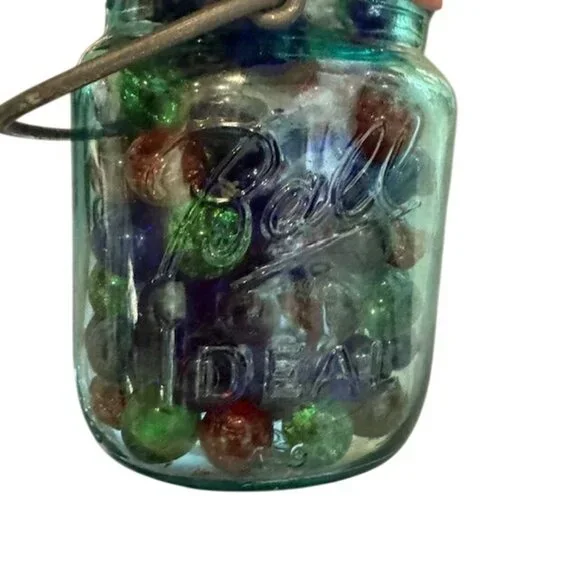 Vintage Blue Glass Jar With Wire Clamp with Glass Marbles - Picture 8 of 9